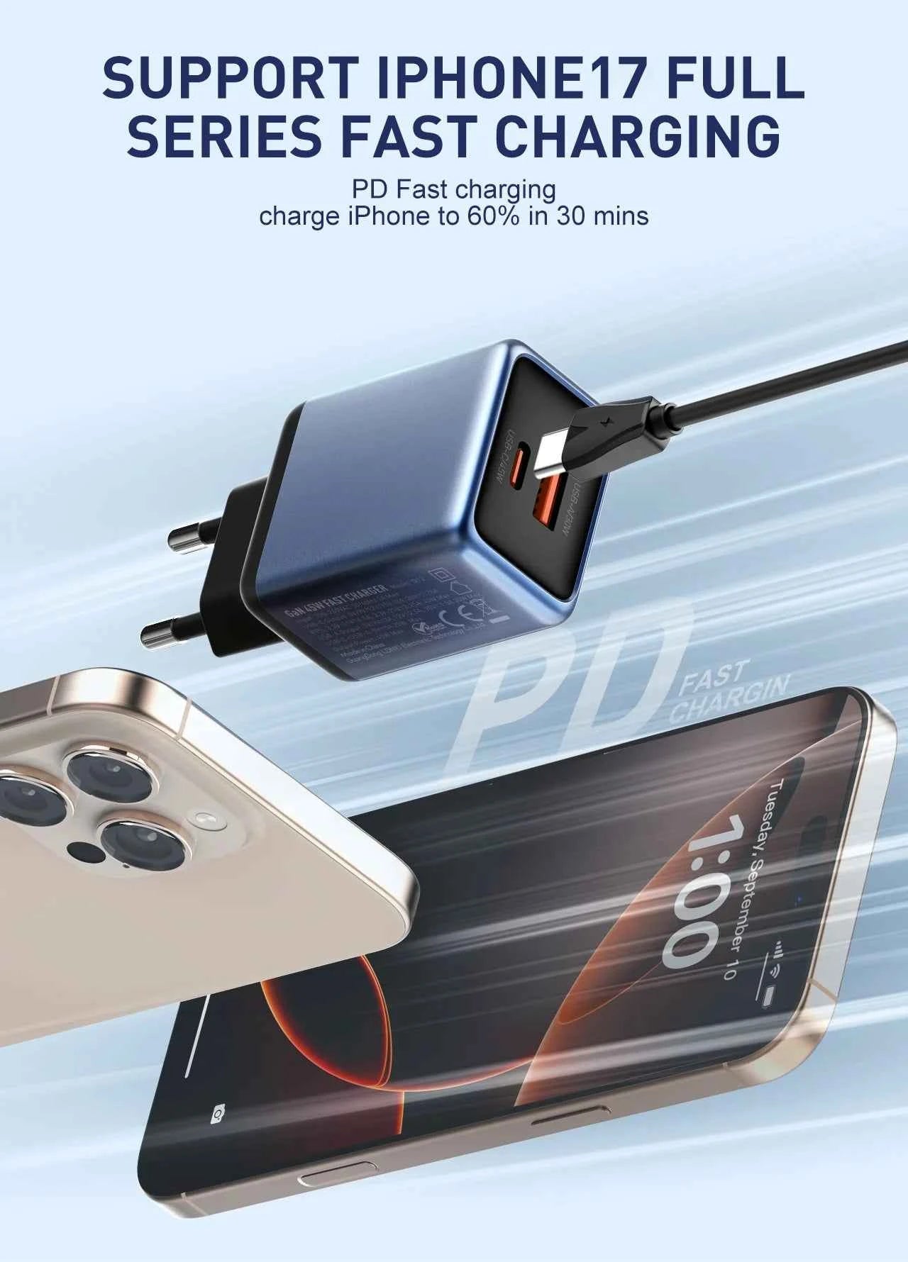 LDNIO Gan 45W Fast Charge Type-C Charger Compatible with 40W iPhone 17 pro Max Air Xiaomi Samsung Ultra - Fast Charging Adapter