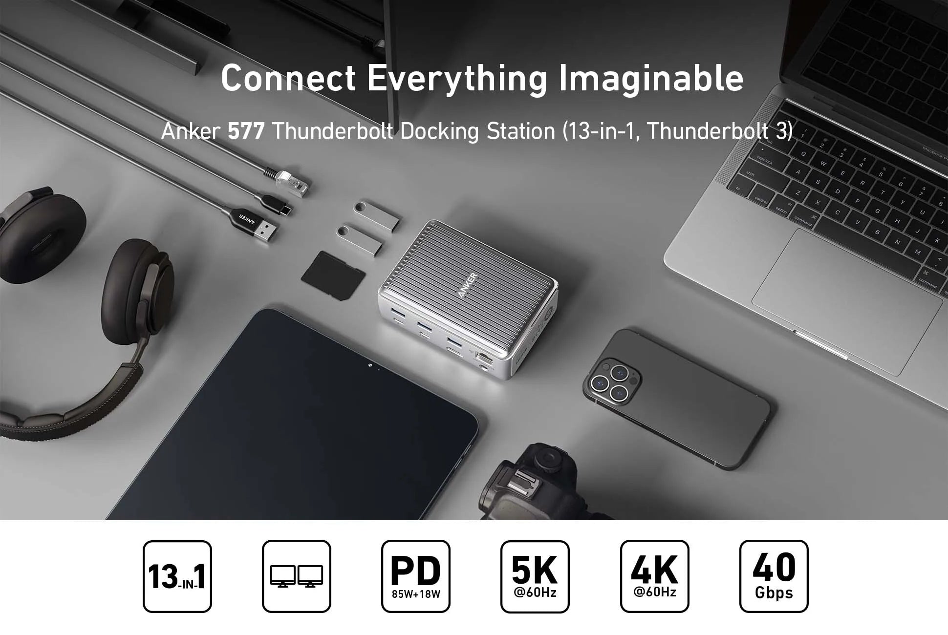 Anker 577 Docking Station (13-in-1, Thunderbolt 3) 85W Charging for Laptop, 18W for Phones, 4K Dual Display, 10 Gbps USB-C Data,