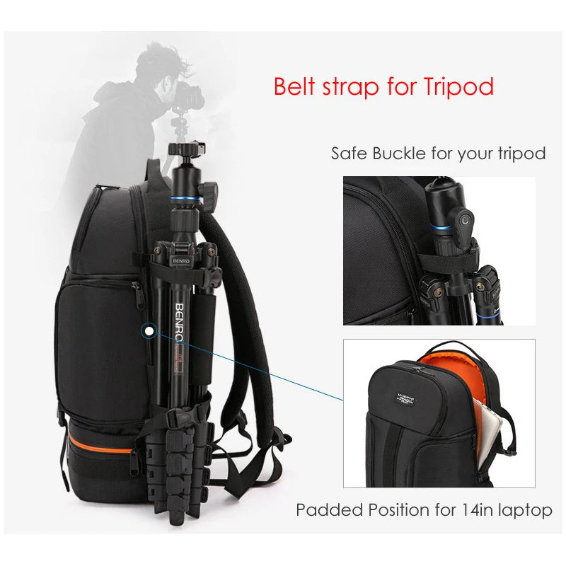 JINNUOLANG Professional Digital SLR Camera Backpack Large Photography Bag Tripod Holder Waterproof Rain Cover Outdoor Hiking