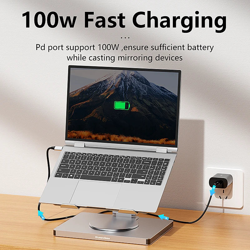 Blueendless Aluminum ipad Holder 10 in 1 docking C hub 4K 60Hz Type C Adapter USB3.0 5Gbps 100W PD Charger For Laptop desktop