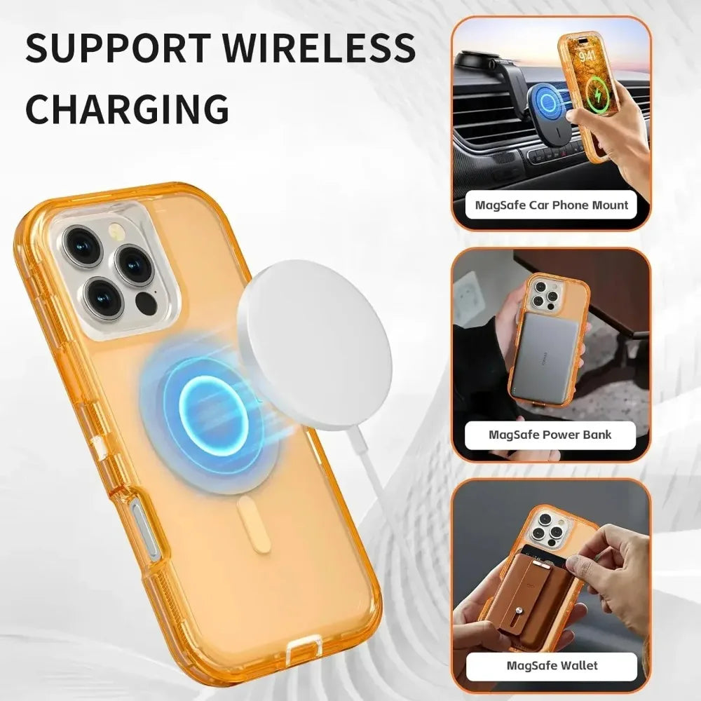 Rugged OTT Armor Magnetic Wireless Charging Clear Case for IPhone 17 Air 16 15 14 Plus 13 12 Pro Max Enhanced Shockproof Cover
