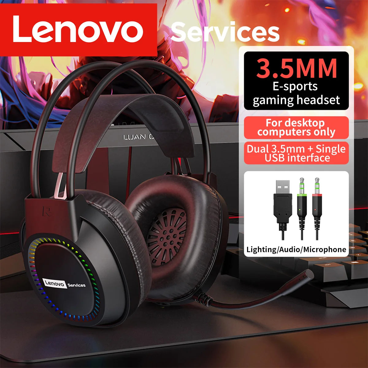 Lenovo Over-Ear Headphones with Microphone, Gaming Headphones, Rgb Lighting, Cool Colorful Lights, Suitable for Desktop and Laptop Computers, Comfortable, Sound-Isolating, and Noise-Cancelling