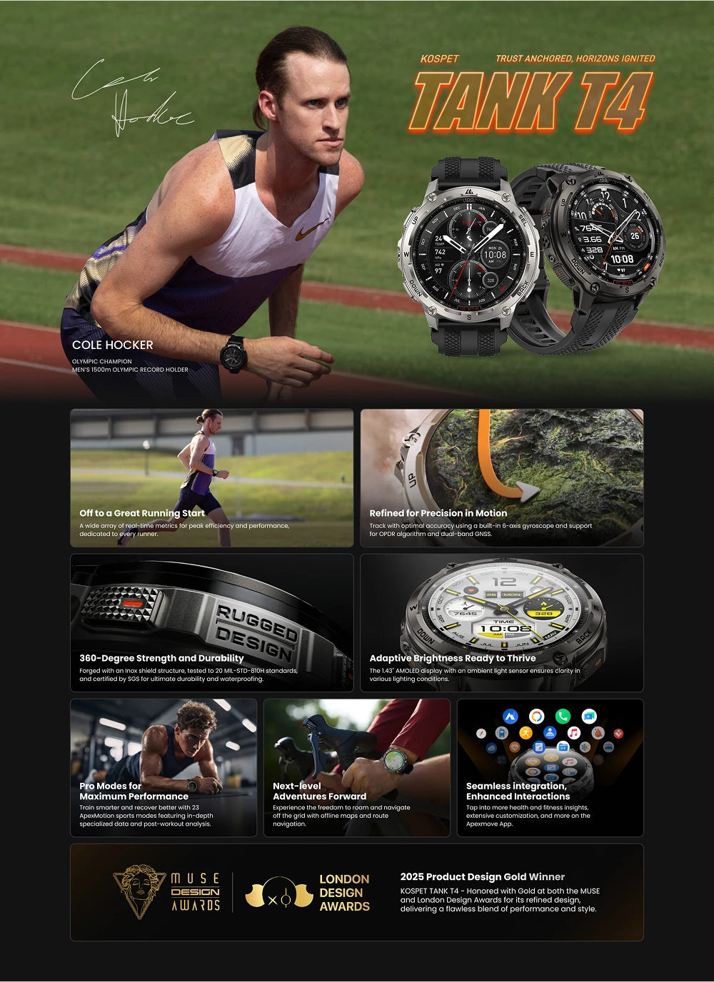 KOSPET Tank T4 Smart Watch for Men 6-Sat GPS Offline Maps 10ATM Waterproof Heart Rate Diving Skiing Hiking for Android iOS