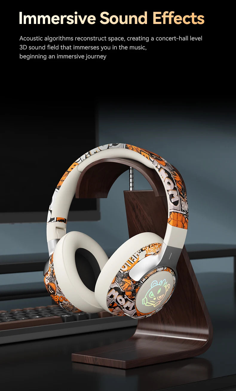 Graffiti Wireless Gaming Headphones 360° Stereo Sound, Support AUX/TF Card Mode Hi-Res Audio, Over Ear Foldable Lightweight