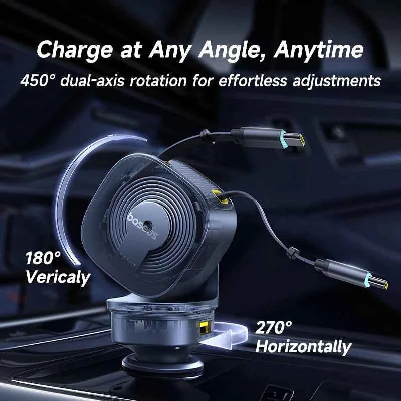 Baseus 240W Car Charger 4 Ports Built in Retractable Cable Fast Charging USB Type-C Car Phone Charger For Samsung iPhone Xiaomi