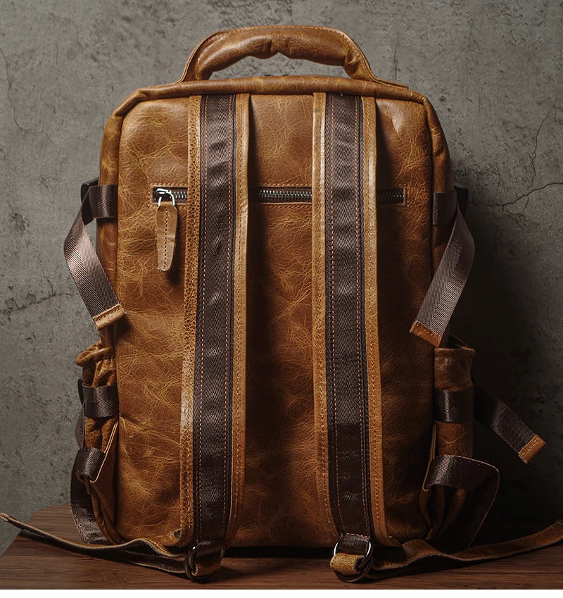 NUKA Men Top Grain Leather Backpack 15 Inch Laptop Bag For Daily Commute Travel Outdoor Hiking Genuine Leather Durable Rucksack