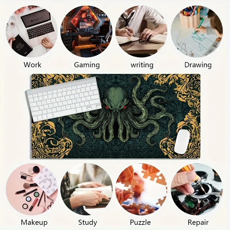 1 Extra-Large Gaming Mouse Pad with Cthulhu Octopus Vintage Pattern, Anti-Slip Rubber Base,Large Desk Mat for Office Accessories