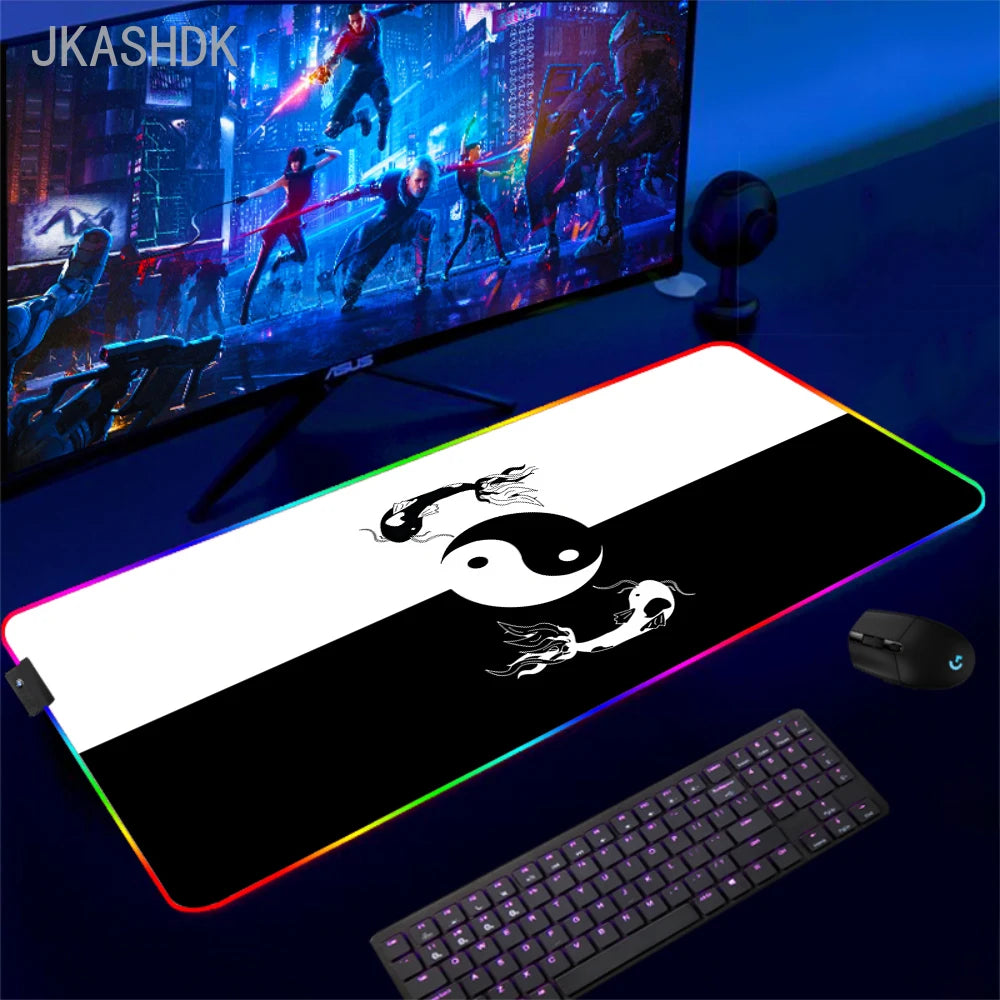 Large RGB Mouse Pad Koi Fish Gaming Mousepad LED Mouse Mat Gamer Mousepads Yin Yang Desk Pads RGB Keyboard Mause Mats XXL 100x50