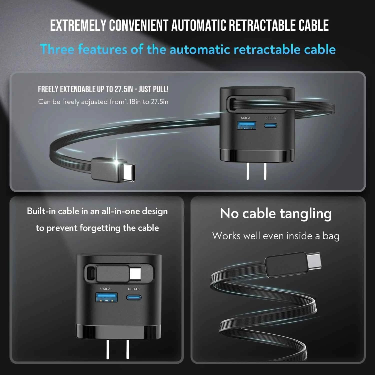 65W GaN Fast Charger with Retractable Cable, Foldable Plug, Quick Charging Block, for iPhone , Samsung , iPad, Android Phones