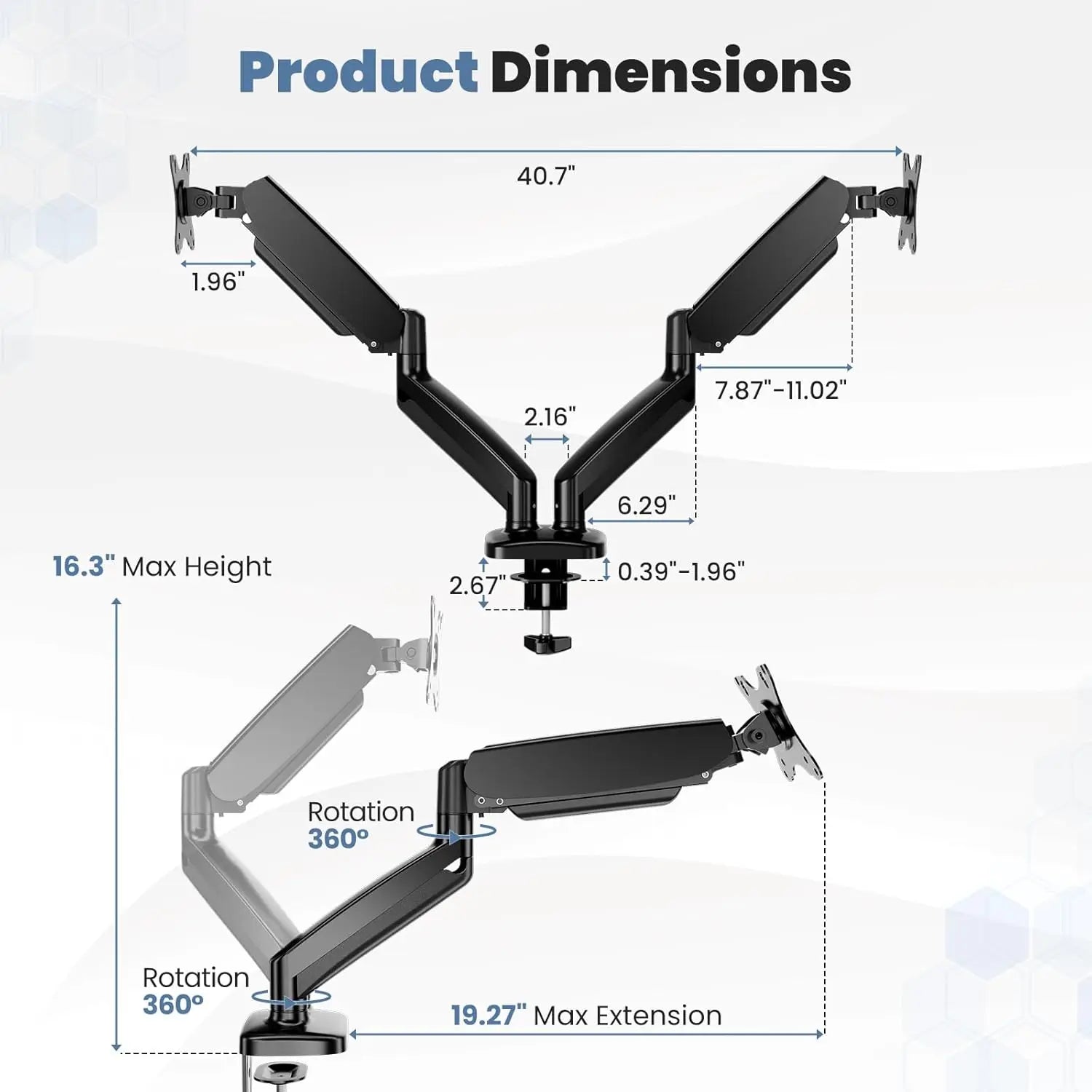Set of 2 Dual Monitor Stand for Desk, Gas Spring Monitor Arm for 2 Monitors Max 32 Inches