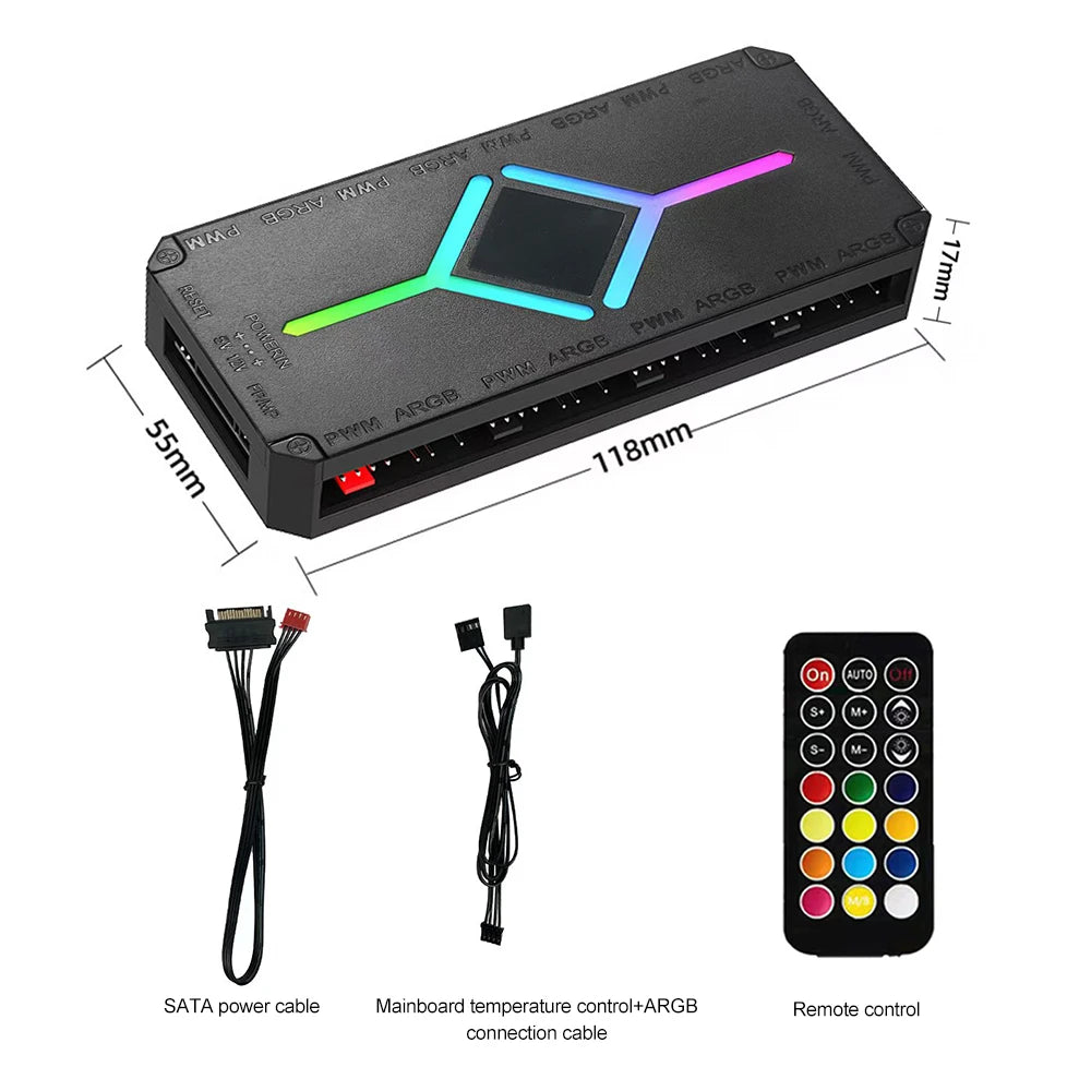 3 in 1 5V 3 Pin ARGB Controller Cooling Fan Hub 4 Pin PWM Magnetic Suction Hub PWM Fan Hub 1To9 Ports for Computer PC Case Fan