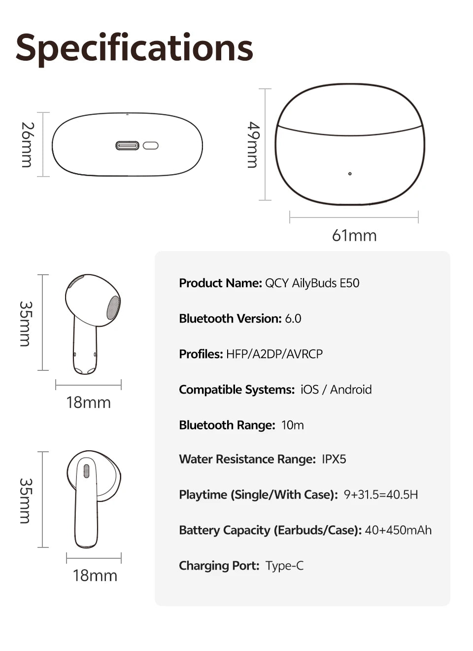 QCY AilyBuds E50 HT11 Wireless Earphones Hi-Res Adaptive Hybrid ANC Headphone Bluetooth 6.0 Spatial Sound Earbuds 11mm Drivers