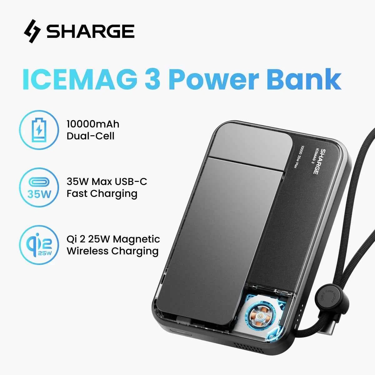 SHARGE Qi 2.2 25W Power Bank Wireless Fast Charge 10000mAh Type C Cable for MagSafe Portable Charger External Battery