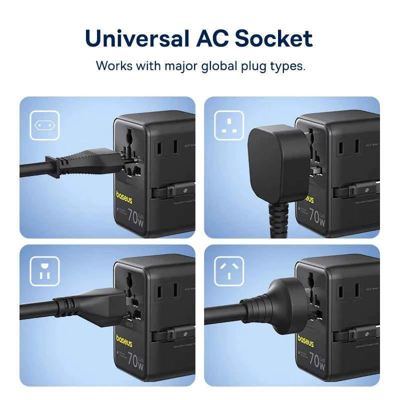 Baseus GaN Charger Universal Travel Adapter Built in 70W Retractable Cable 2AC 2 USB-A Type-C Fast Charging EU/UK/USA/AUS