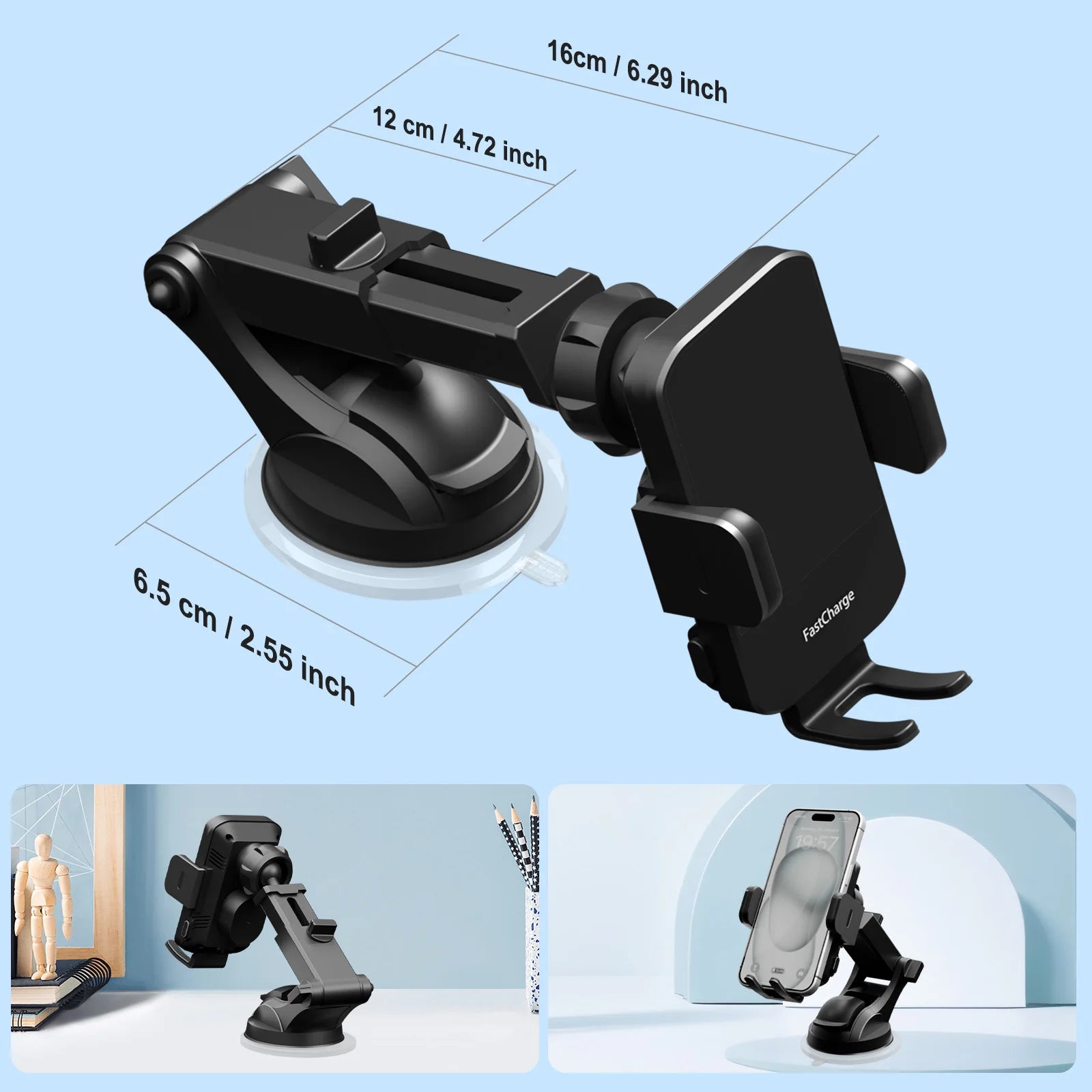 Wireless Car Charger Phone Holder 15W Fast Charge Station Mount Phone For IPhone 16 15 14 13 12 Pro Max 11 XR XS Samsung Galaxy