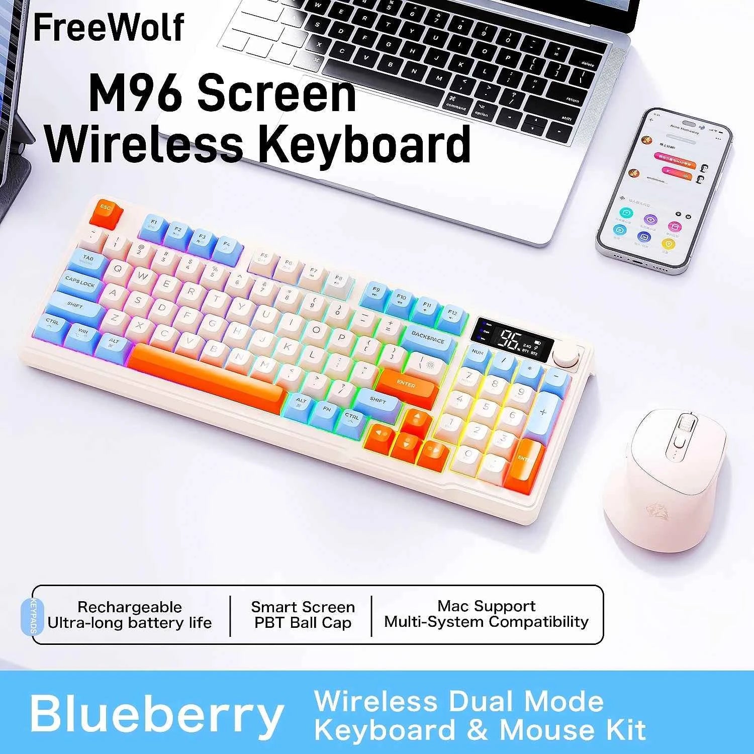 M96 Screen Wireless Keyboard Mouse Kit ZIYOULANG Bluetooth Keyboard With Mouse Gaming,Electronic Screen, Multi-Device Connection