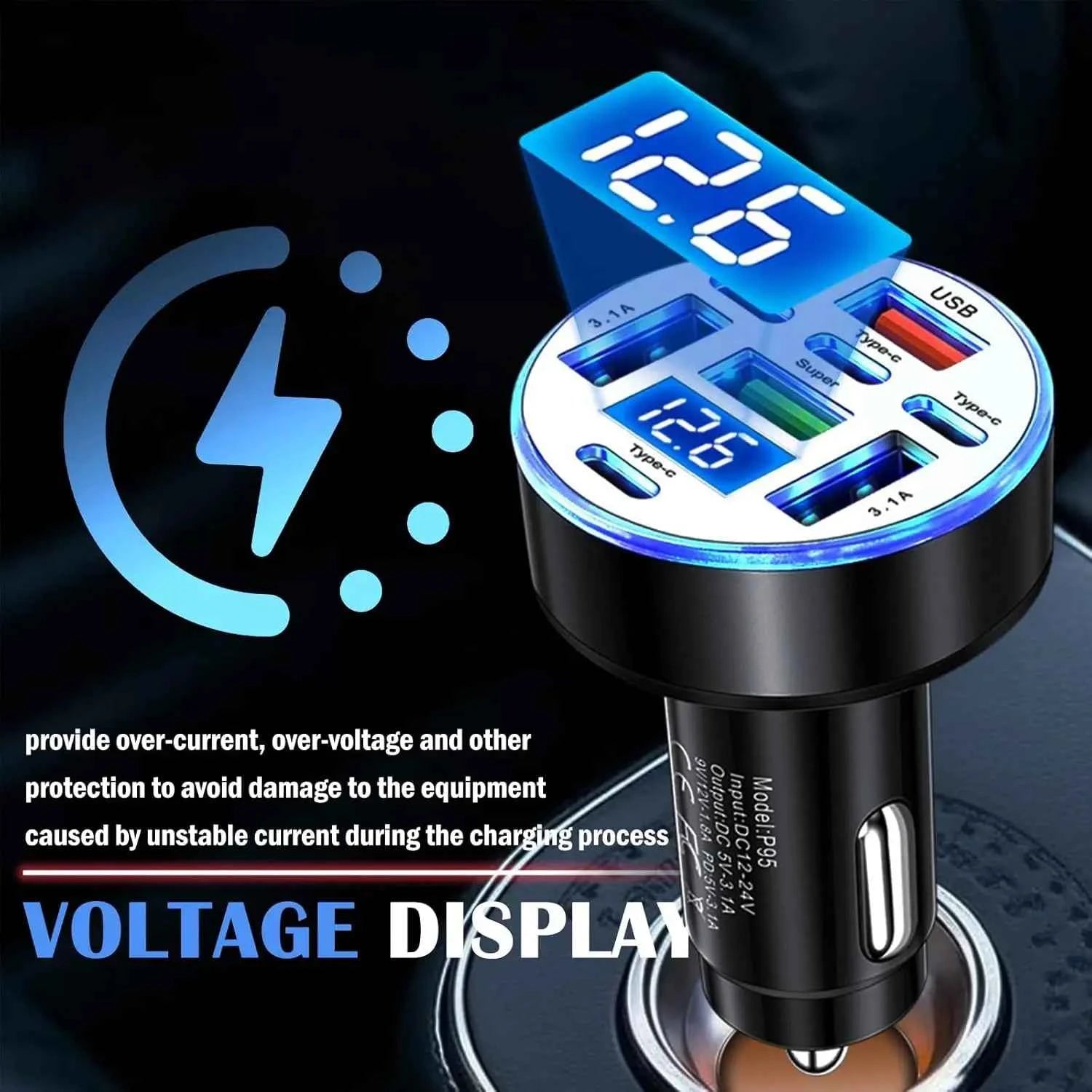UYUXIO Multi Port USB C Car Charger Adapter 8 in 1 with Voltage Display Iight QC 4.0 PPS Super Fast Charge with Volt Meter