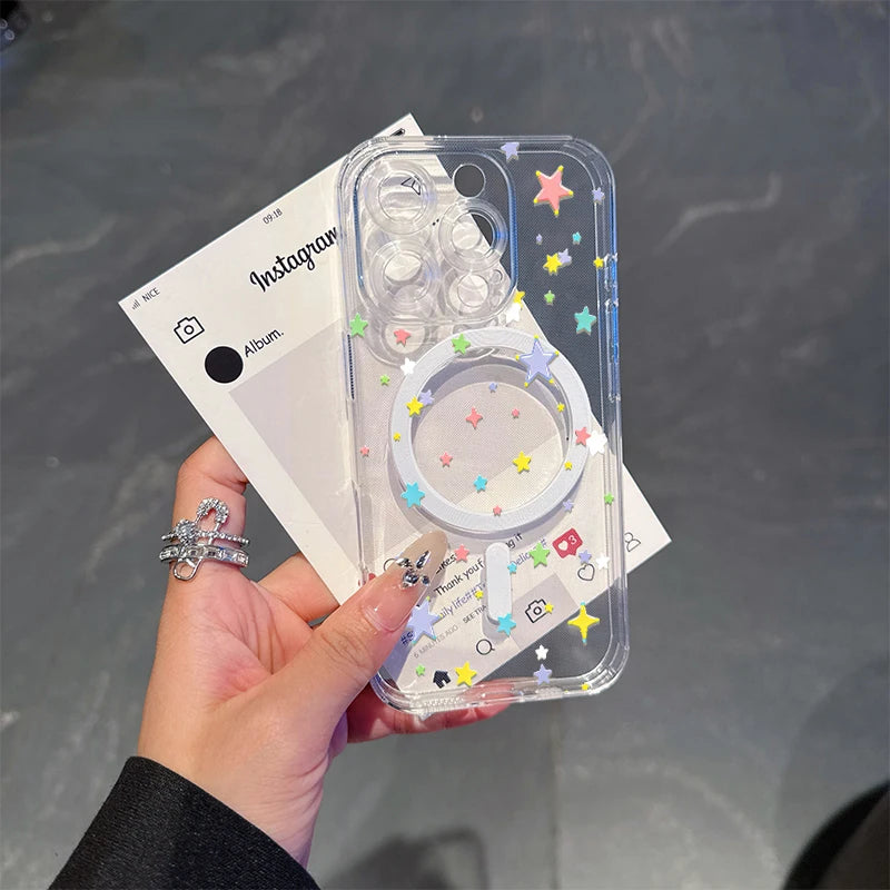 Colored stars,transparent magnet Case For  IPhone 17 promax 17 air 16 15 14 13 12 11 Pro Max 16 15 Plus X XS.Soft TPU,shockproof