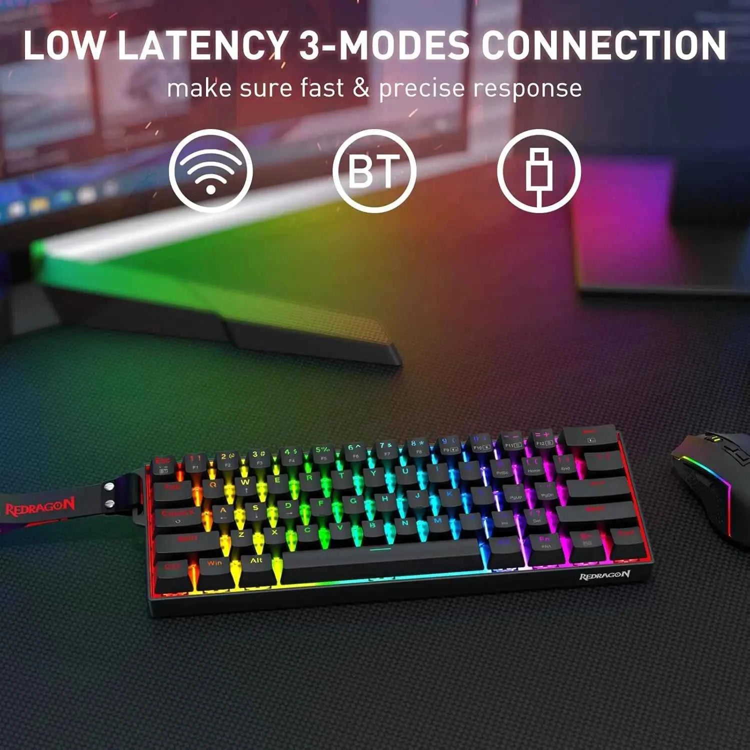 Redragon K530 Pro 60% Wireless RGB Mechanical Keyboard, 61 Keys, Hot-Swappable, Compact, with Carrying Strap