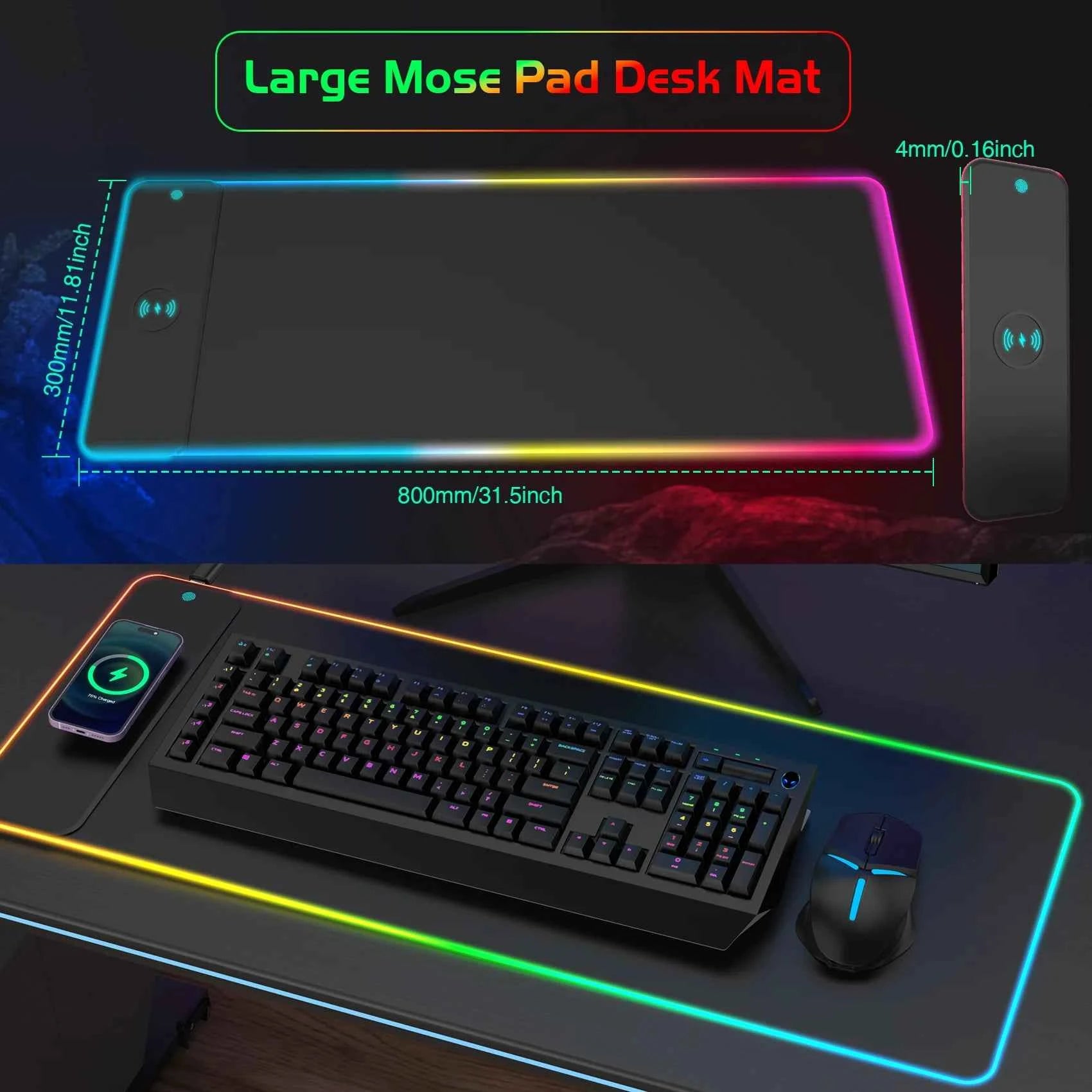 Wireless Charging RGB Luminous Mouse Pad Charger Phone Gaming Mousepad Keyboard Game Table Pad Laptop Mouse Mat Deskpad Mausepad