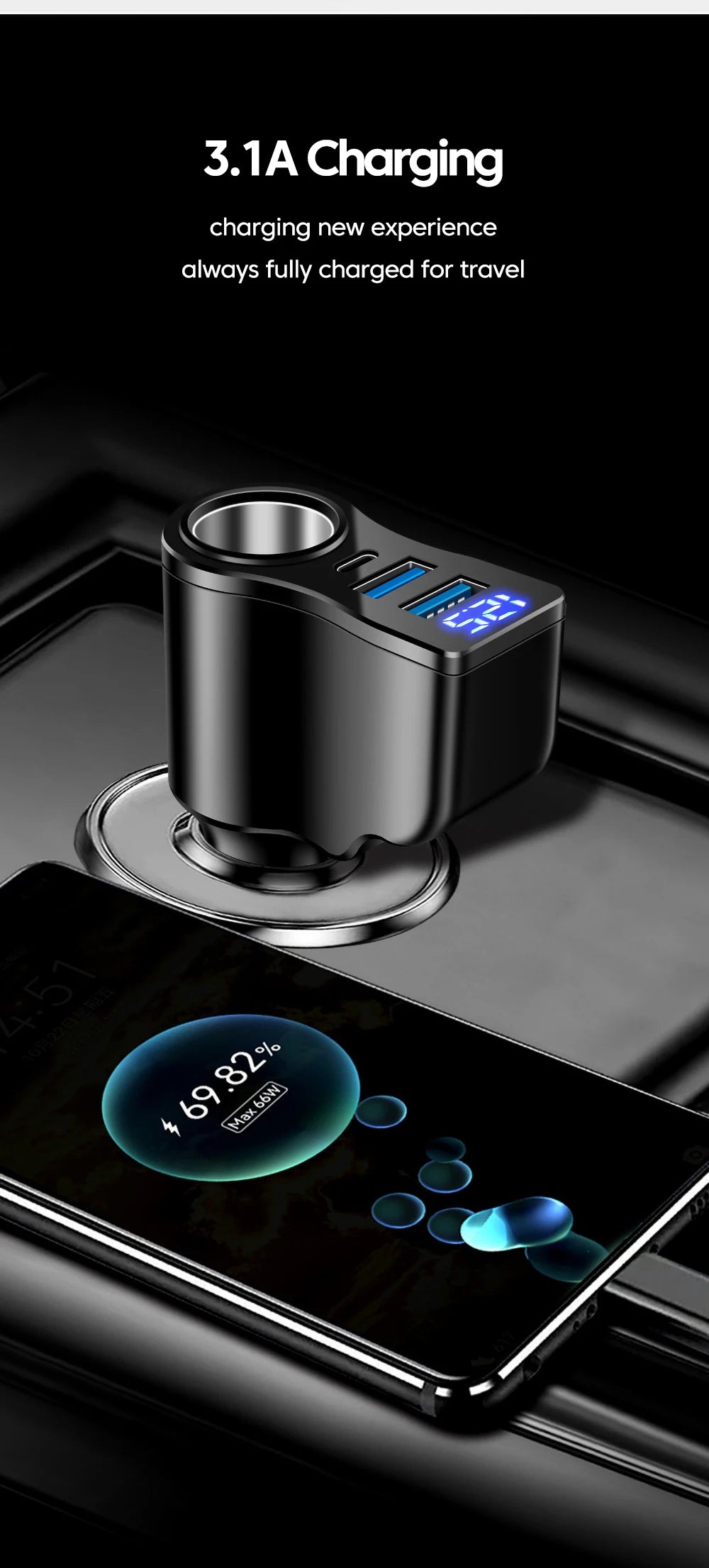 66W 4 Ports Digital Display Car Cigarette Lighter Power Adapter 3.1 A USB PD Car Phone Multifunctional Charger For iPhone Huawei