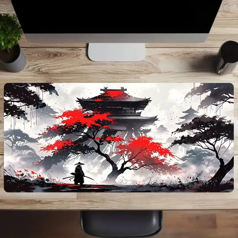 Japanese Samurai Art Mouse Pad, Traditional Calligraphy Pattern Non Slip Desk Mat Game Lovers Office Home Keyboard Desktop Decor