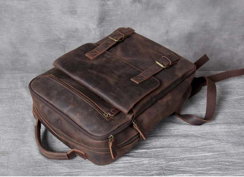 Vintage Crazy Horse Genuine Leather Backpack Men Bagpack Cowhide Hiking Backpack 17