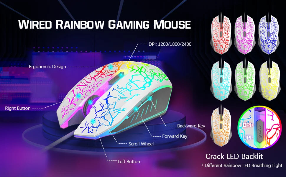 MAMBASNAKE T11 5-IN-1 Wired Rainbow LED Backlit Keyboard and Mouse, Over Ear Headphone with Mic, Gaming Mice and Pad, Speaker