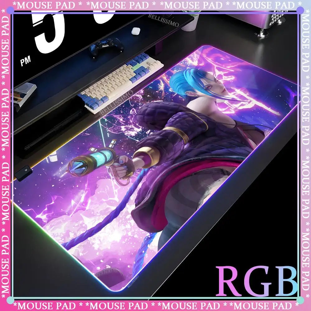 RGB League of Legends MousePad Gamer Jinx Anime Girl LED Game Accessories Keyboard Pad Large Desk mats Rubber Luminous Mouse Pad