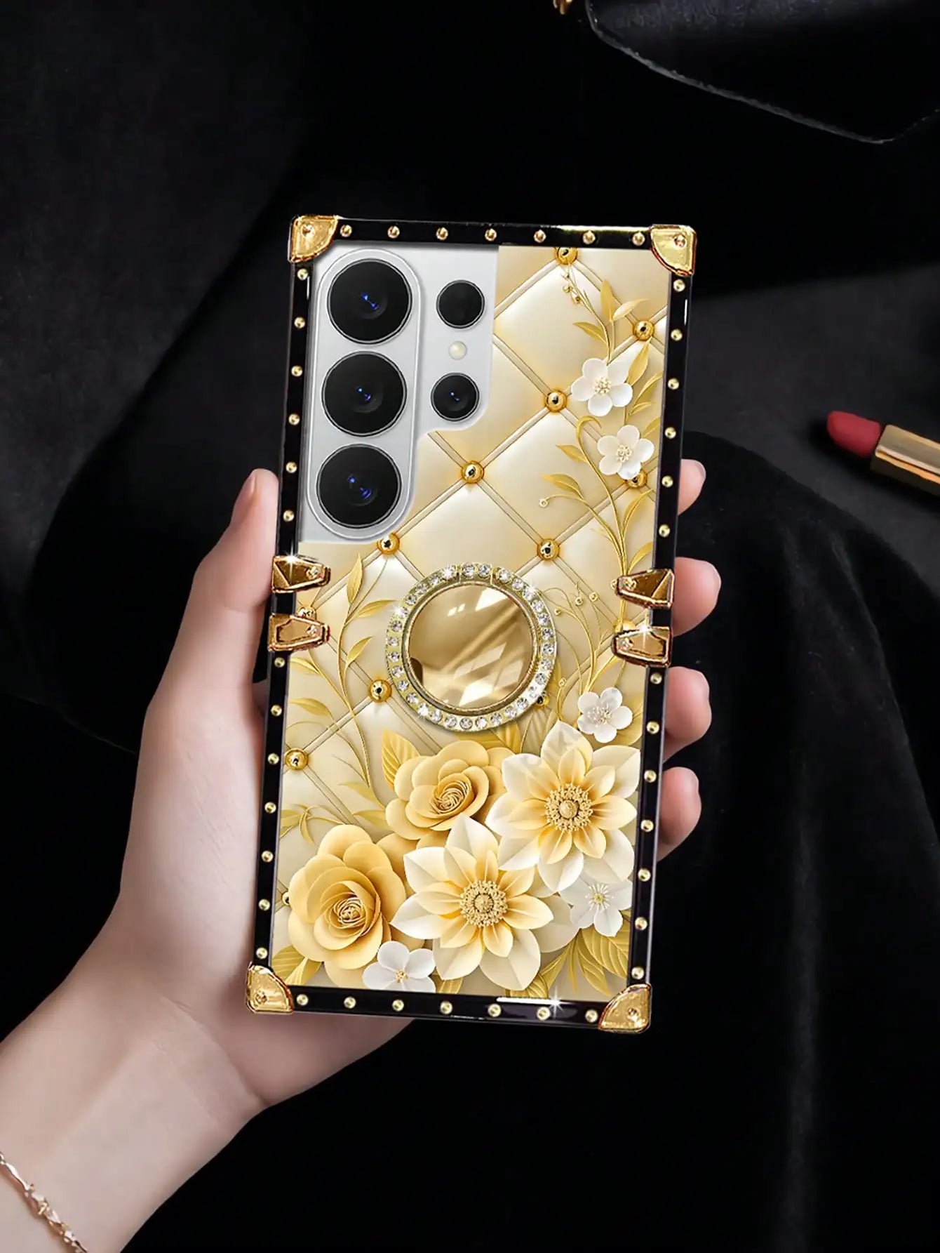 1pc Non-3D Pattern, 2D Rectangular Sheep Leather Texture Rhinestone Butterfly & Floral Contrast Color Edging Shockproof Phone Case, Compatible With Samsung S26 Ultra/S26/S26 Plus/A57 5G/A37 5G And 17 Pro Max/17 Air/14 Pro Max
