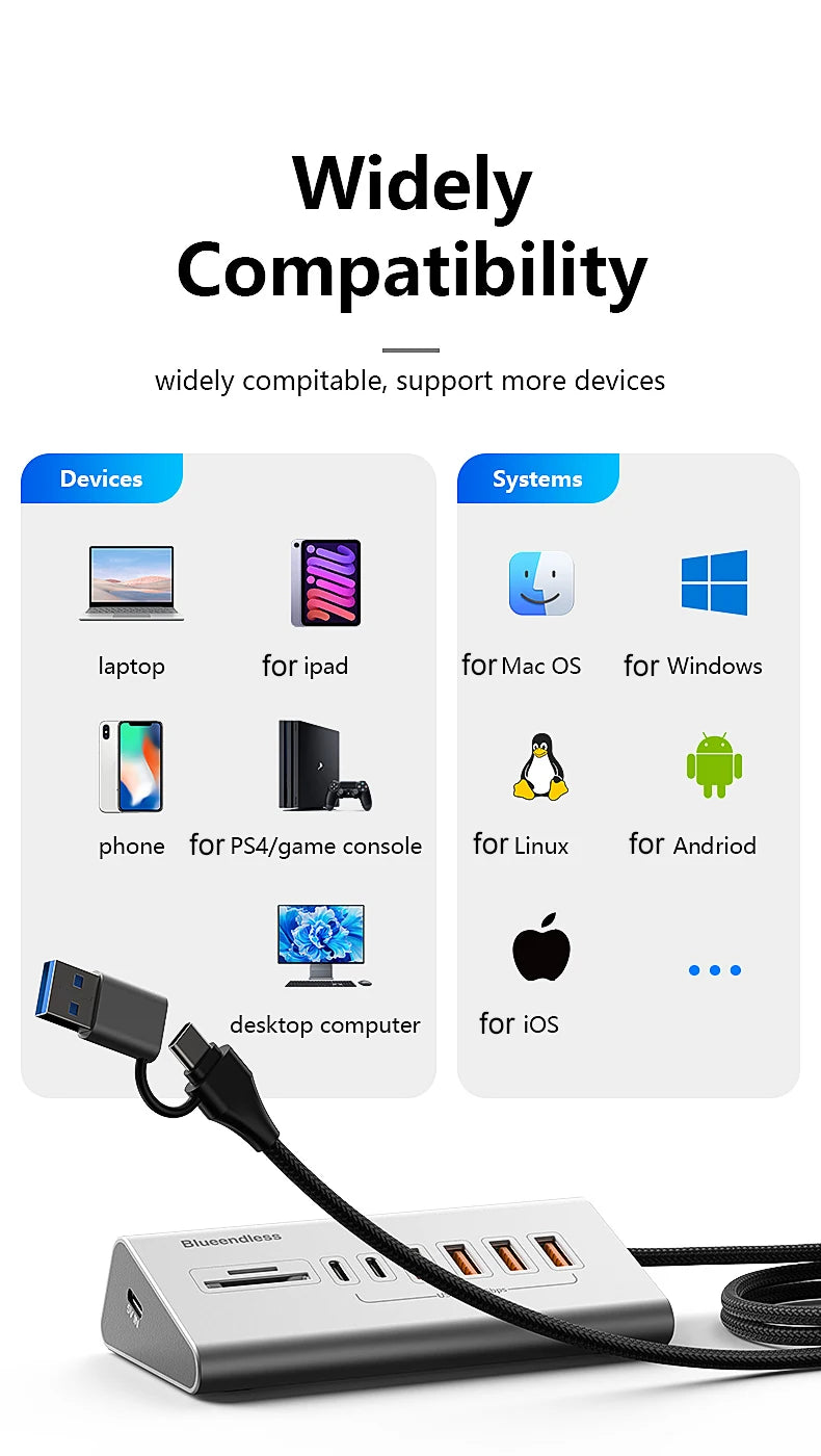 USB 3.2 10Gbps Hub USB Docking Station Type C Splitter with Card Reader Aluminum Alloy Multi 8/9 Ports Switch For PC Laptop