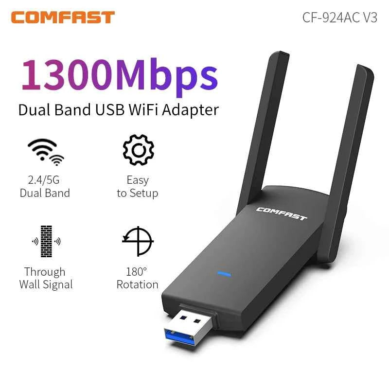 Gbit Adapter For Router Comfast Gigabit WiFi Adapter 1300Mbps 2.4G 5GHz Antenna USB3.0 WiFi ...