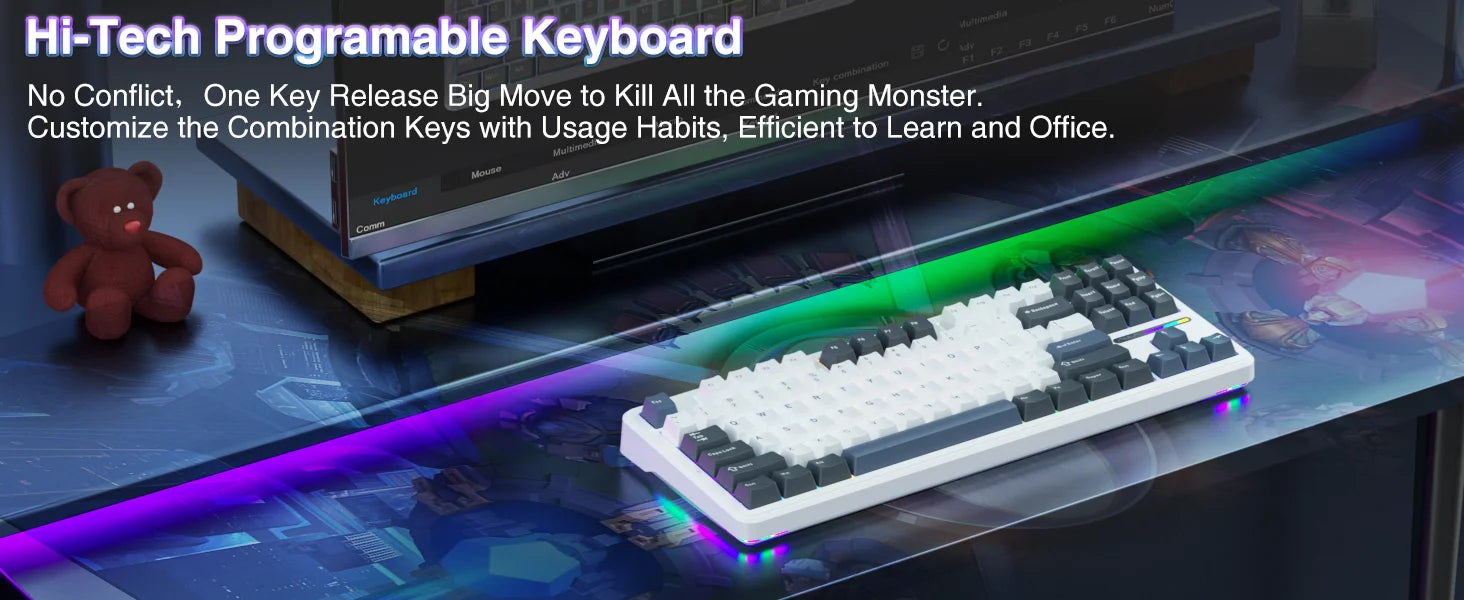 AULA F87 Wireless Keyboard 87 Keys Compact TKL 3 Modes Gasket Gaming Keyboard Hot-Swap RGB Custom RGB Backlit Bluetooth Keyboard
