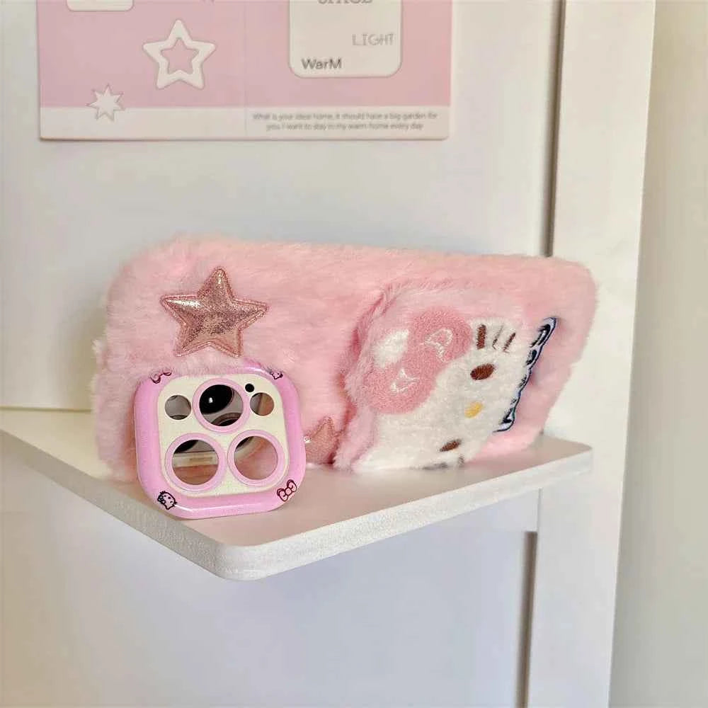 Camera Holder Stand Shockproof Phone Case For iPhone 11 12 13 14 15 16 Pro Max Plus Bumper Cute 3D Fur Fluffy Cover
