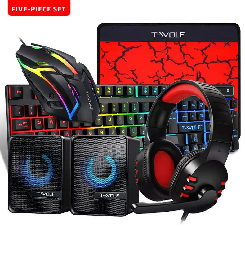 T-WOLF Thunderwolf TF880 Wired Keyboard, Mouse, Headphones and Audio Five-piece E-sports Game Enjoy Super Fast Moving Speed.