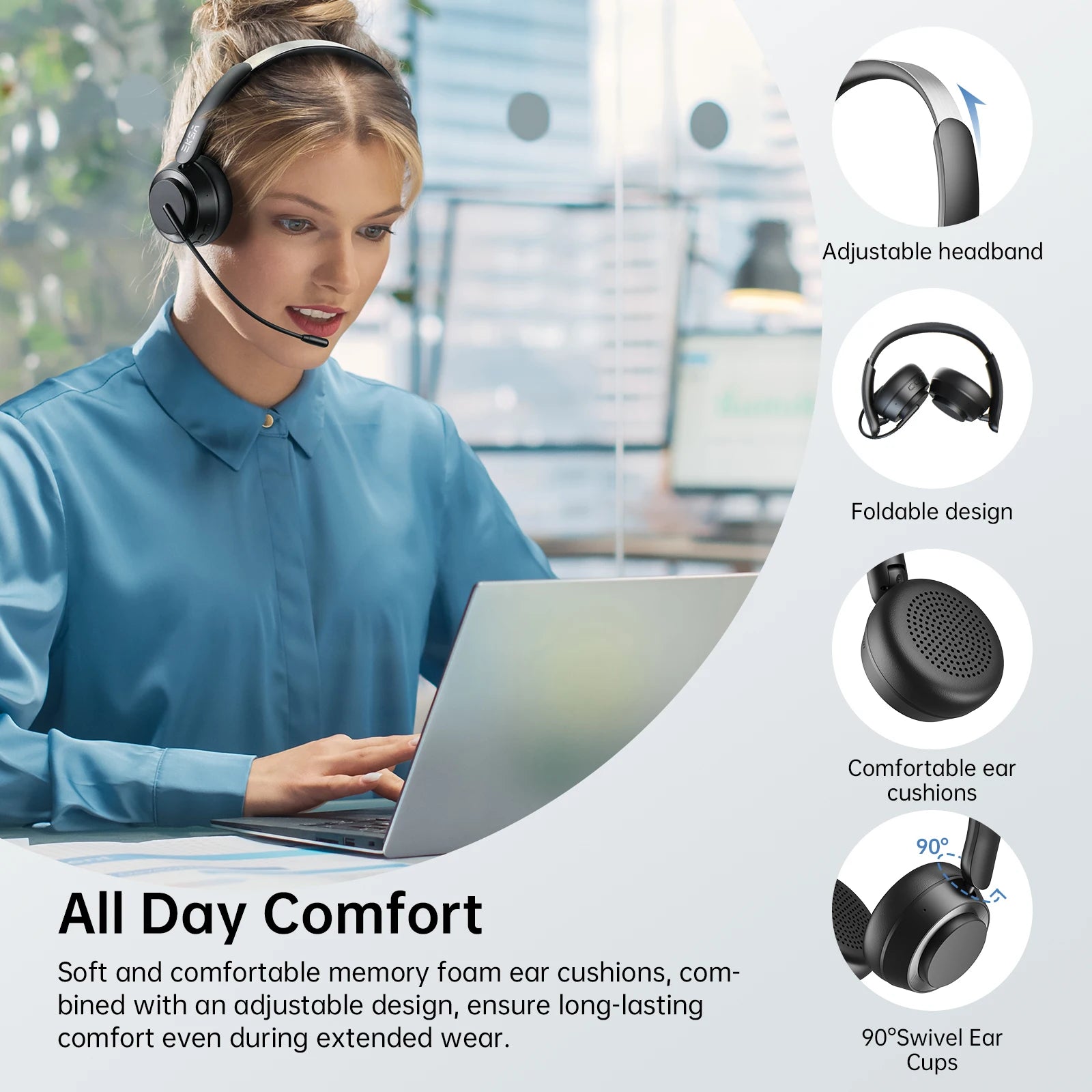 EKSA H35 Bluetooth 5.4 Headset for Office, Ultra-light Foldable Wireless Headphones with ENC Noise Cancelling Microphone