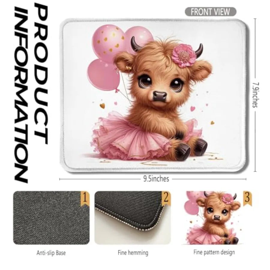 Cute Baby Highland Cow Mouse Pad, Girly Highland Cow Heifer with Balloon Mouse Pads Mousepad for Work Gaming Computers Laptop D
