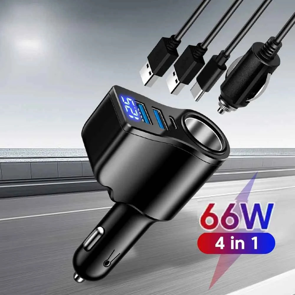66W 4 Ports Digital Display Car Cigarette Lighter Power Adapter 3.1 A USB PD Car Phone Multifunctional Charger For iPhone Huawei