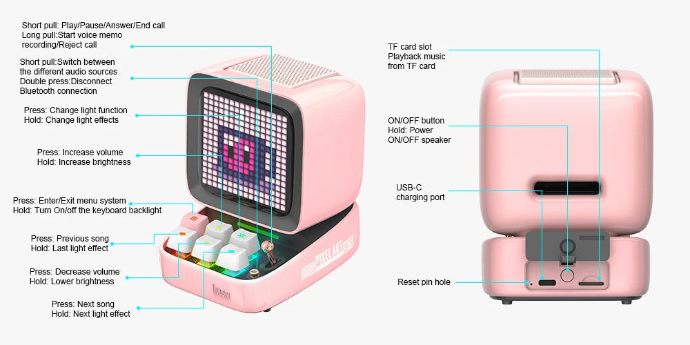 Divoom Ditoo-Pro Retro Pixel Art Bluetooth Portable Speaker Alarm Clock DIY LED Display Board, Cute Gift Home Light Decoration