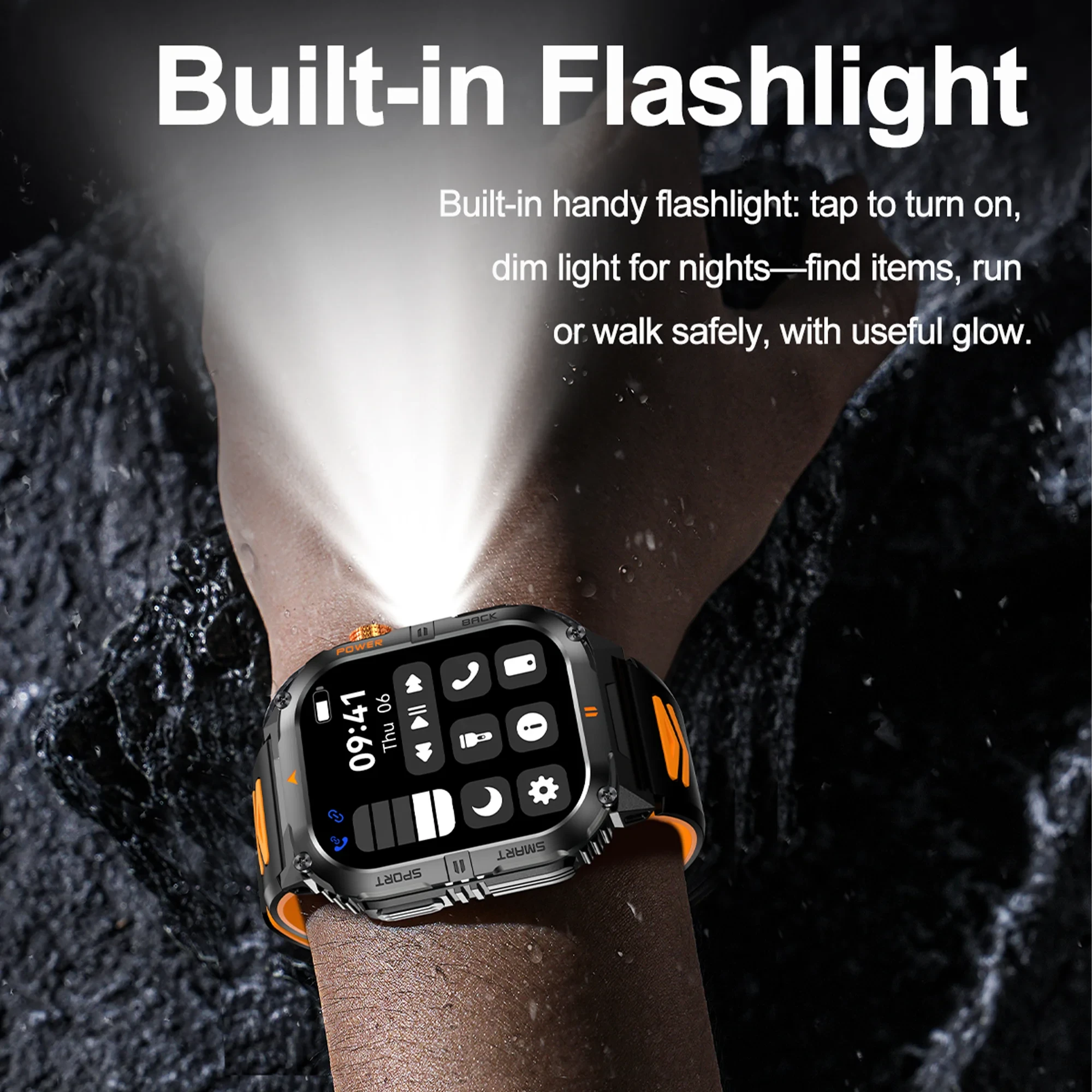 New 1000mAh military outdoor smartwatch for men, LED flashlight, IP68 waterproof, GPS sports, 2.01-inch Bluetooth call smartwatc