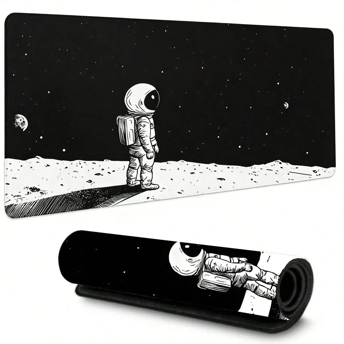 Space Astronaut Gaming Mouse Pad Abstract Sky Mouse Pad Black White Texture Non-Slip Rubber Base Large Mousepad Stitched Edges Keyboard Mouse Mat Desk Pad For