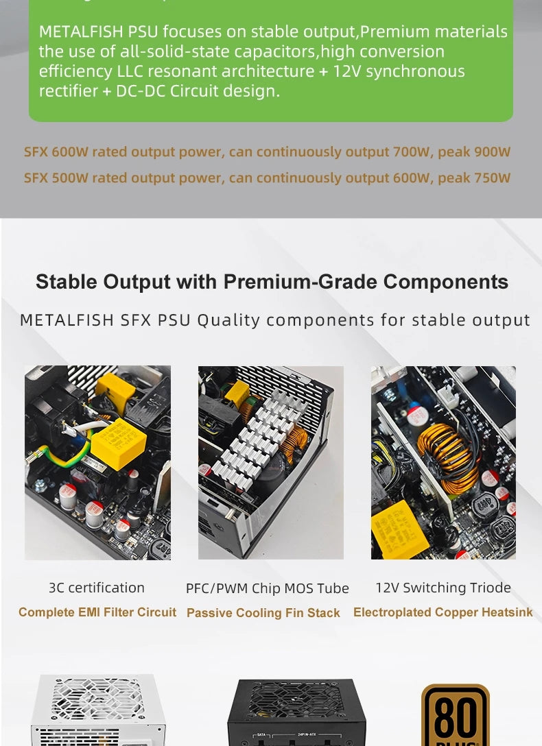 METALFISH Full-Modular SFX-500W 600W PSU 80Plus Bronze White Power Supply For Mini ITX Chassis Small Computer Case 100/220V