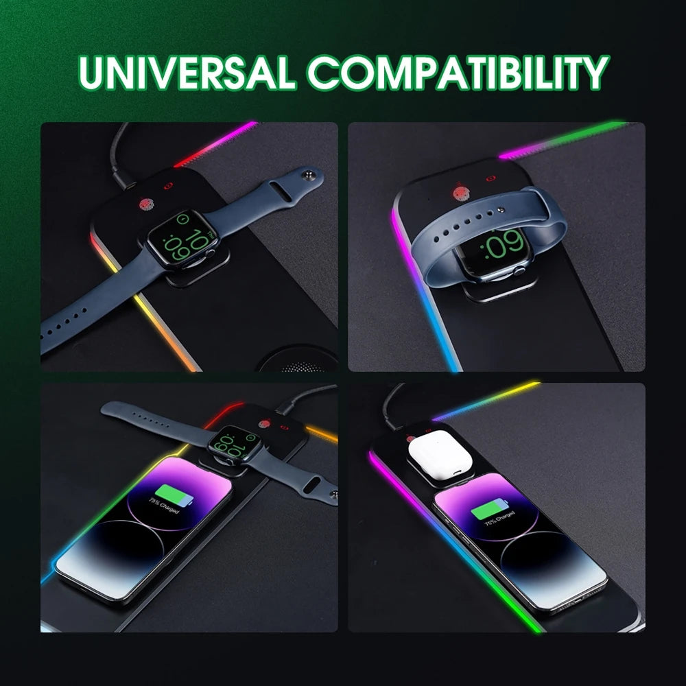 3 IN 1 Mouse Pad Magnetic Wireless Charging for Mobile Phone, Watch, Headphone RGB Lighting Desk Mat Gaming Mousepad 80x30cm