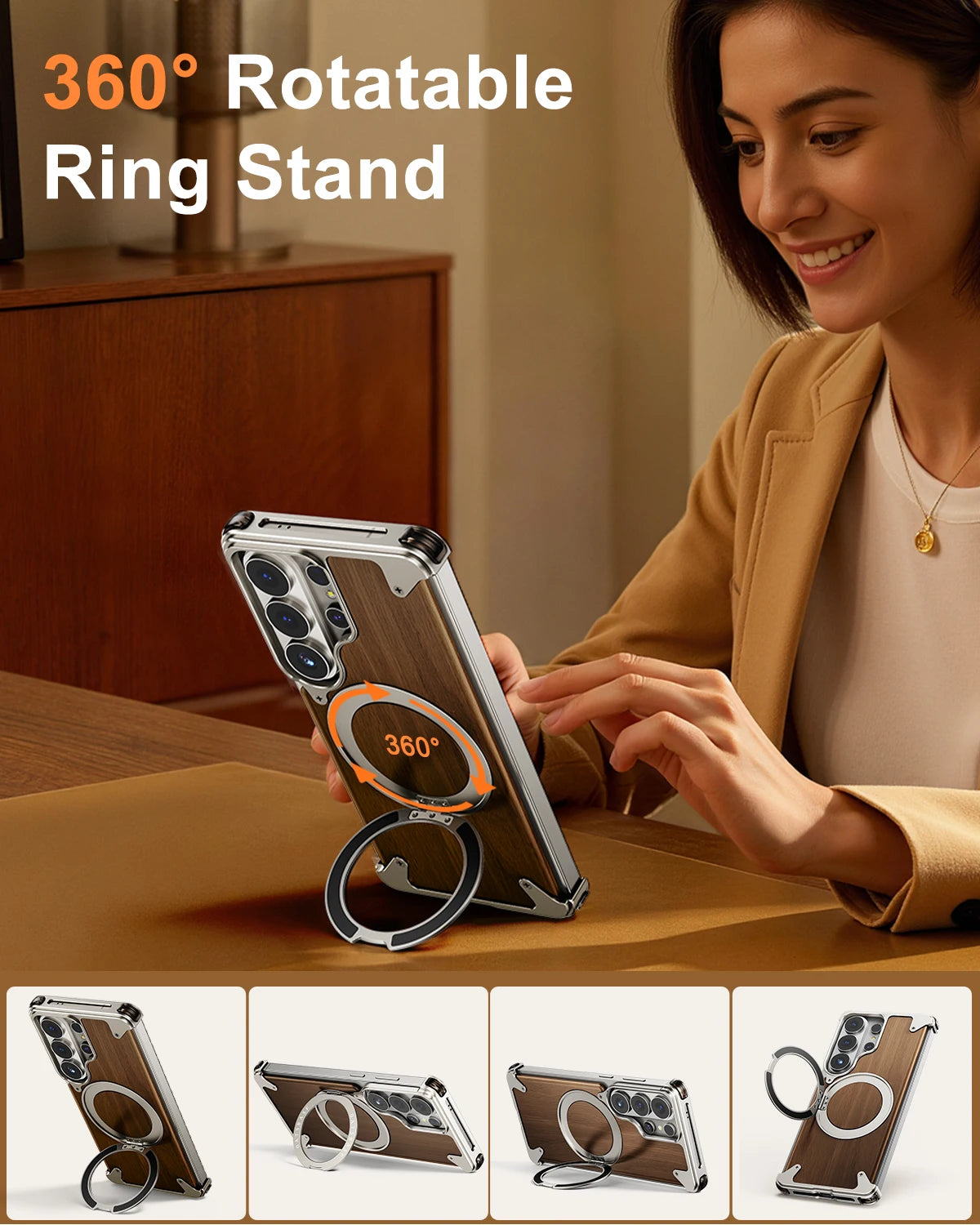 Eary for Samsung Galaxy S26 Ultra Wooden Case With 360°Rotating Magnetic Stand Frameless Unique Wood Phone Cover Drop Protection