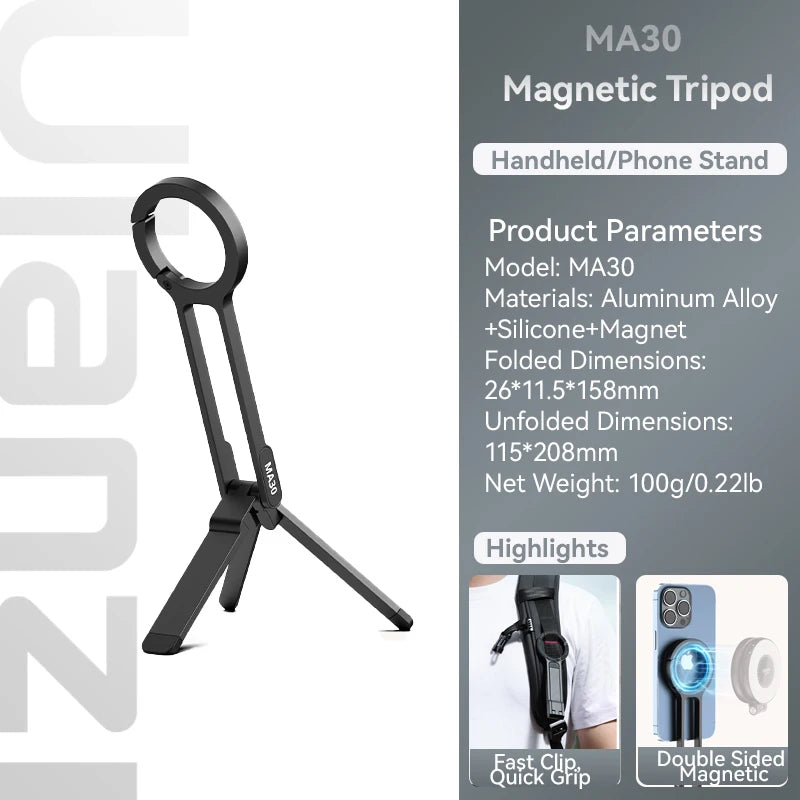ULANZI MA30 Aluminum Magnetic Phone Tripod Stand Compatible with iPhone 16 Samsung Xiaomi Huawei Vivo OPPO - Mini Bracket for Magsafe Smartphones