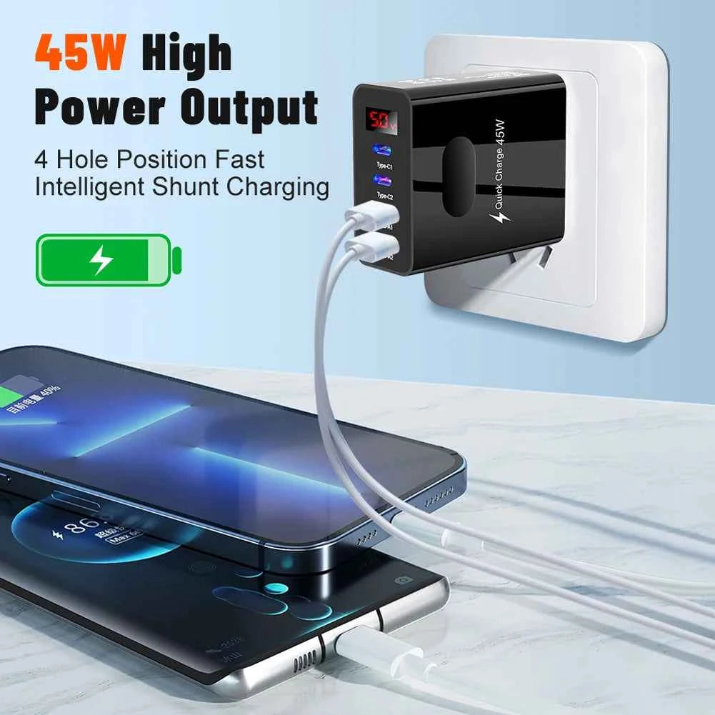 45W Multi Plug Wall Charger 2 Type-C 4 Ports Fast Charging Head Digital Display Quick Charger Head for iPhone 14 Xiaomi Samsung