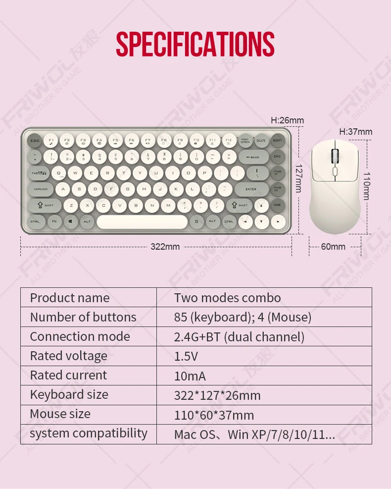 Friwol BT185 Bluetooth Wireless Keyboard Mouse Set Punk Keycap Laptop Desktop Office Mute Keyboard Mechanical Feel