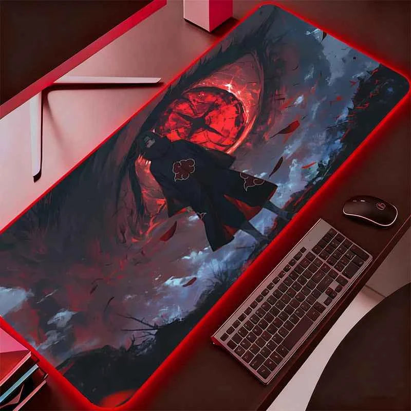 RGB Backlight Mouse Pad N-naruto Itachi Uchiha Anime Gabinete Gamer Computer LED Desk Mat Keyboard Gaming Accessories Mousepad