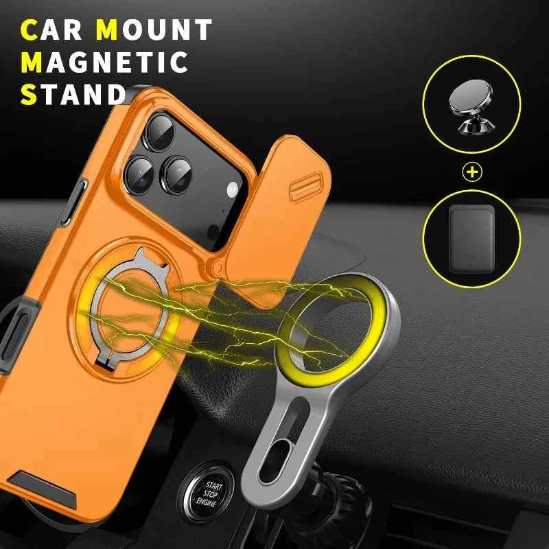 Luxury Heavy Duty Rugged Armor Magnetic Bracket Case For iPhone 17Air 16 15 14 17 Pro Max Plus Slide Camera Protection PC Cover