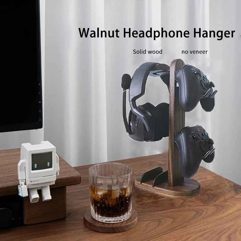Hellodigi Headphone Stand Walnut Wood Headset Stand PS5 Controller Rack Headphone holder Aluminum Alloy Support Headset Holder